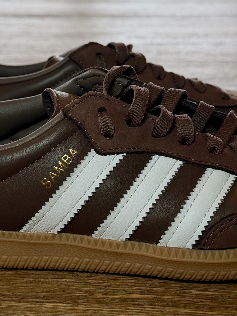 adidas Samba Brown Leather Sneaker with White Stripes and Gum Sole - Picture 3 of 7